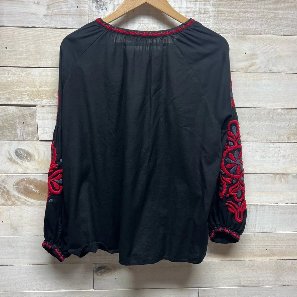 Zara Womens Embroidered Tassel Top Red Black Long Sleeve Floral Size Medium - Picture 7 of 13
